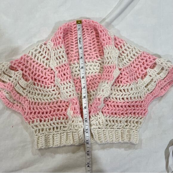 Handmade OOAK Grandma Crocheted Striped Short Sleeve Cardigan Small pink white - Picture 6 of 7